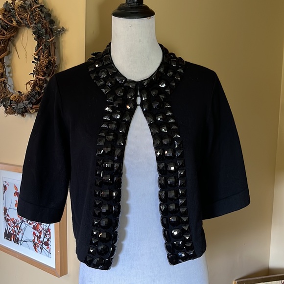TRINA TURK Size Medium Crop Cardigan Black Gemstones Trim Cashmere Cotton $249 - Picture 2 of 16